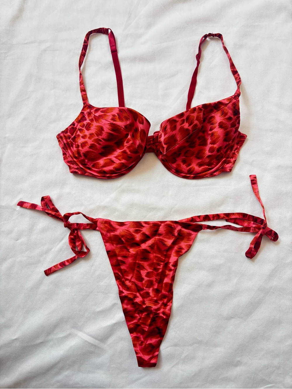 Vintage Victoria's Secret Silk Red Cheetah-Print Lingerie Set